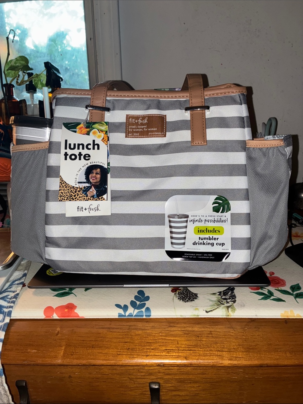 fit+fresh Grey Stripe Lunch Tote Travel Bag!! 😘